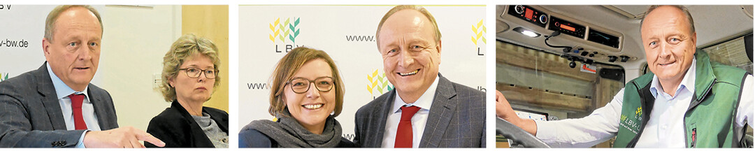Joachim Rukwied (v. l.) mit LBV-Referentin Anette Herbster bei der Pressekonferenz im Dezember, mit Presseprecherin Ariane Amstutz, auf seinem Betrieb.