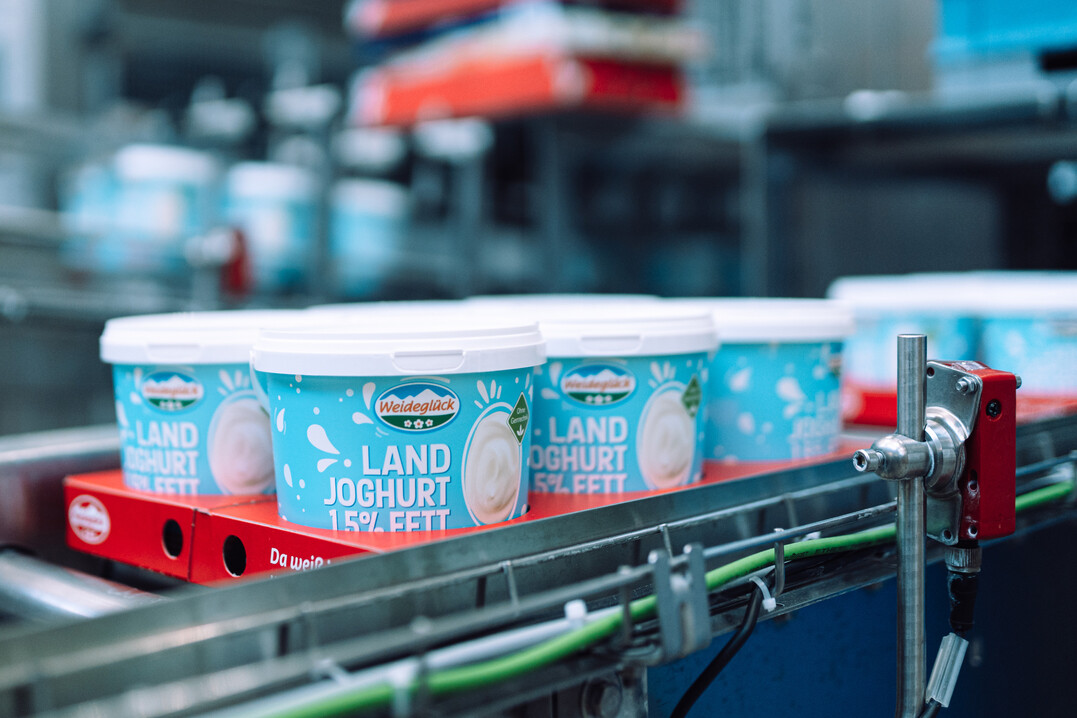 Moderne Produktlinie mit gro�en Joghurtbechern der Marke Weidegl�ck.