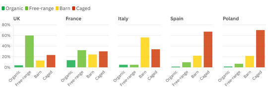 Übersicht zu den fünf untersuchten Länder zur Umstellung der Eier auf käfigfreie Ware in Lebensmittelunternehmen (2024).