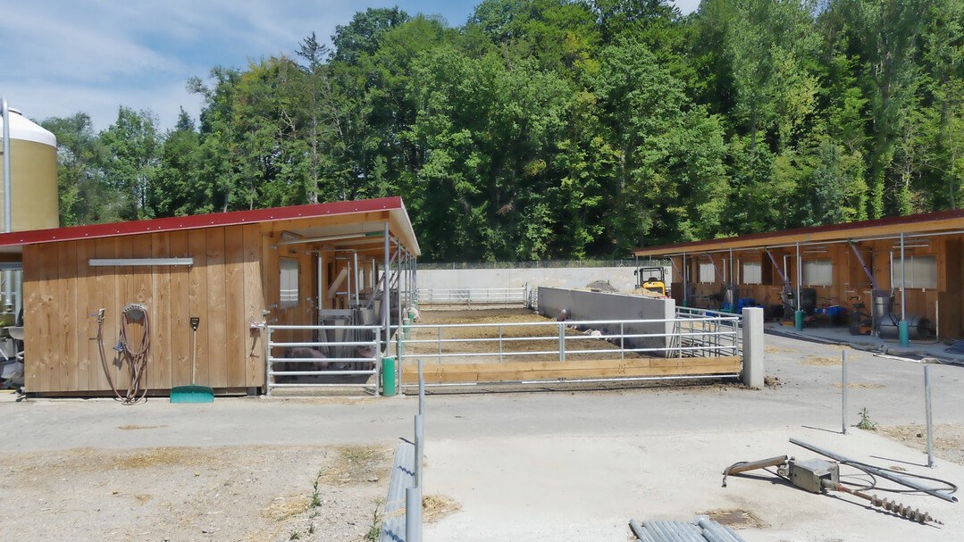 1 Im Vergleich zu konventionellen Systemen verf�gen Pigports �ber Funktionsbereiche mit planbefestigten, eingestreuten Liegefl�chen, einem Fressbereich und Auslauf. Auf dem Bild zu sehen sind zwei gegeneinander gestellte Pigports. Der Au�enbereich wurde ohne Dach gebaut.