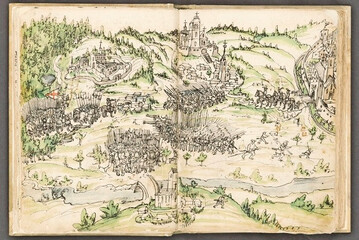 Weißenauer Chronik (Blatt IX): Begegnung der Bauern mit den Bundestruppen (mit Truchsess) im Schussental zwischen Berg (im Vordergrund) und Weingarten (Mitte).