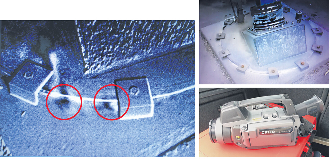 Mit der W�rmebildkamera kann man austretendes Gas anhand von Temperaturdifferenzen erkennen (unten), das mit blo�em Auge nicht zu sehen ist (rechts).