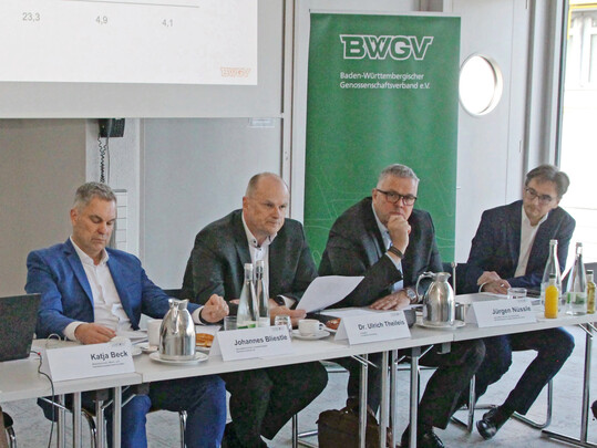 Die Vertreter der genossenschaftlichen Obst- und Gem�severmarkter bei der Pressekonferenz in Karlsruhe, v.l.: Johannes Bliestle, Dr. Ulrich Theileis, J�rgen N�ssle und Pressesprecher Marcus Gernsbeck. 