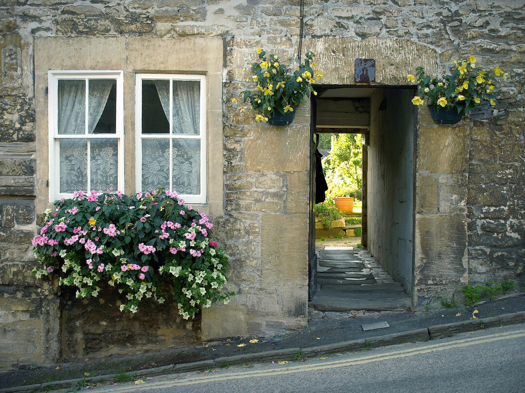 Bepflanzte Blumenkästen an einer Hauswand