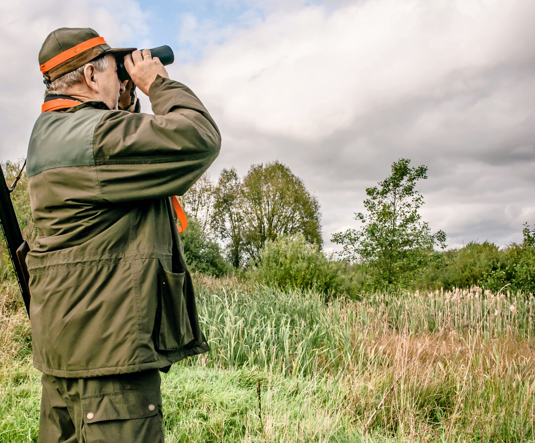 Ein Jäger steht auf einer Wiese und sieht durch sein Fernglas.