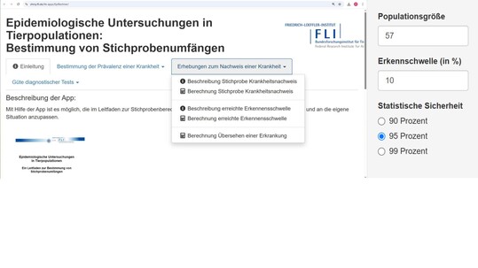 Abb. 2: Ermittlung des Stichprobenumfangs. Zur Entdeckung einer Prävalenz von zehn Prozent mit einer statistischen Sicherheit von 95 % ist bei einer Anzahl der zu berücksichtigenden Rinder von beispielsweise 57 eine Stichprobengröße von 23 Proben erforderlich.