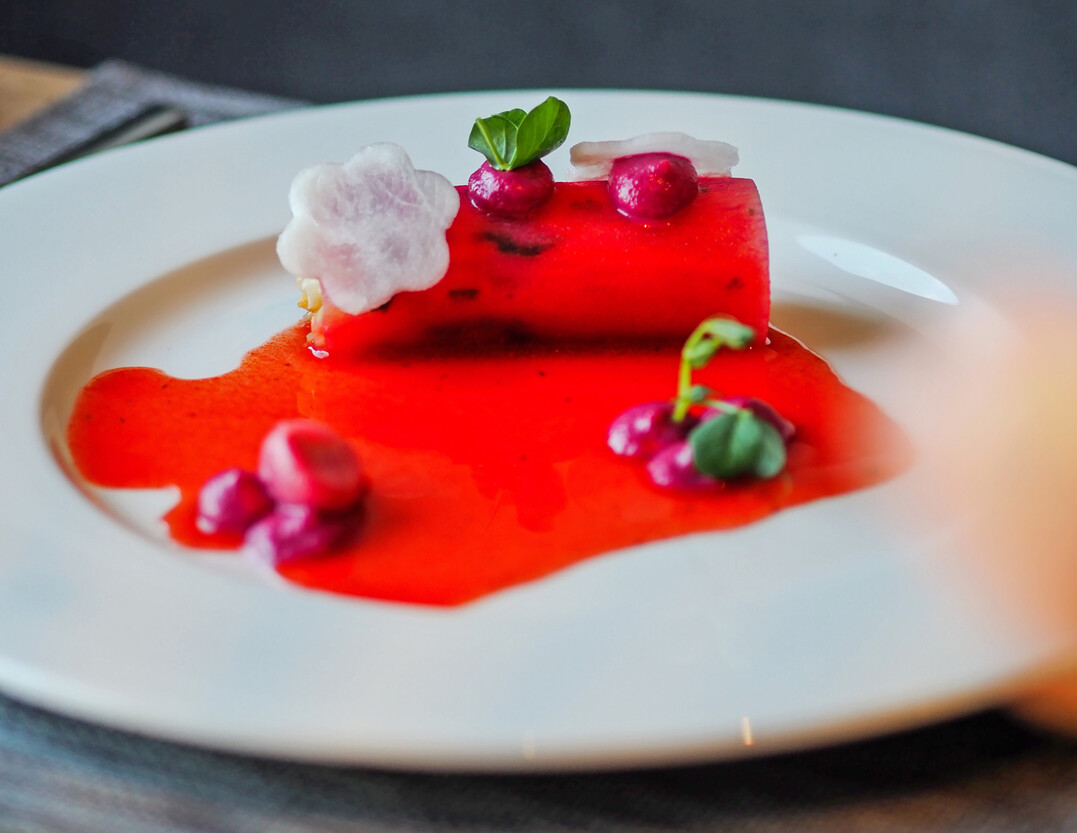 Wassermelonenrettich-Cannelloni auf Karottensoße