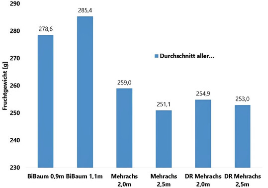 Abb. 5: Durchschnittliches Fruchtgewicht bei der Sorte Fuji
(Erfassung von 2019-2024; DR = Doppelreihe)
