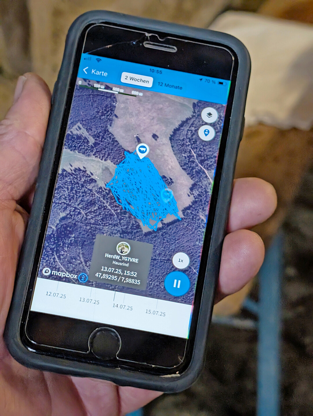 4 Eine App zeigt Tierhaltern auf dem Handy den Livestandort und das Bewegungsprofil der Tiere an.