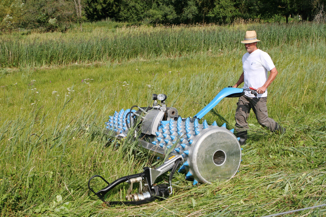 Naturschutz: Ein von Hand gef�hrter M�hbalken mit Stachelr�dern leistet gute Dienste auf Feuchtwiesen. In der neuen Runde des Interessenbekundungsverfahrens sind nur Maschinen und Ger�te der Kategorie A.1 zur Bewirtschaftung wiedervern�sster oder nasser Moorb�den f�rderf�hig.