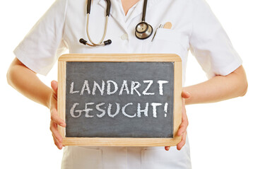 Arzt h�lt ein Schild mit der Schrift "Landarzt gesucht!"
