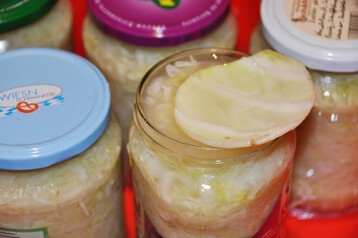 Selbst fermentieren: Frisch angesetztes Sauerkraut muss mit Wasser bedeckt sein. Die verschlossenen Gl�ser stehen in einer Wanne, weil es bei �berdruck zur Schaumbildung kommt. Es dringt dann etwa in den ersten 14 Tagen auch Feuchtigkeit aus den Gl�sern. Sp�ter bleiben die Gl�ser sauber, sie halten dann auch mehrere Monate.
