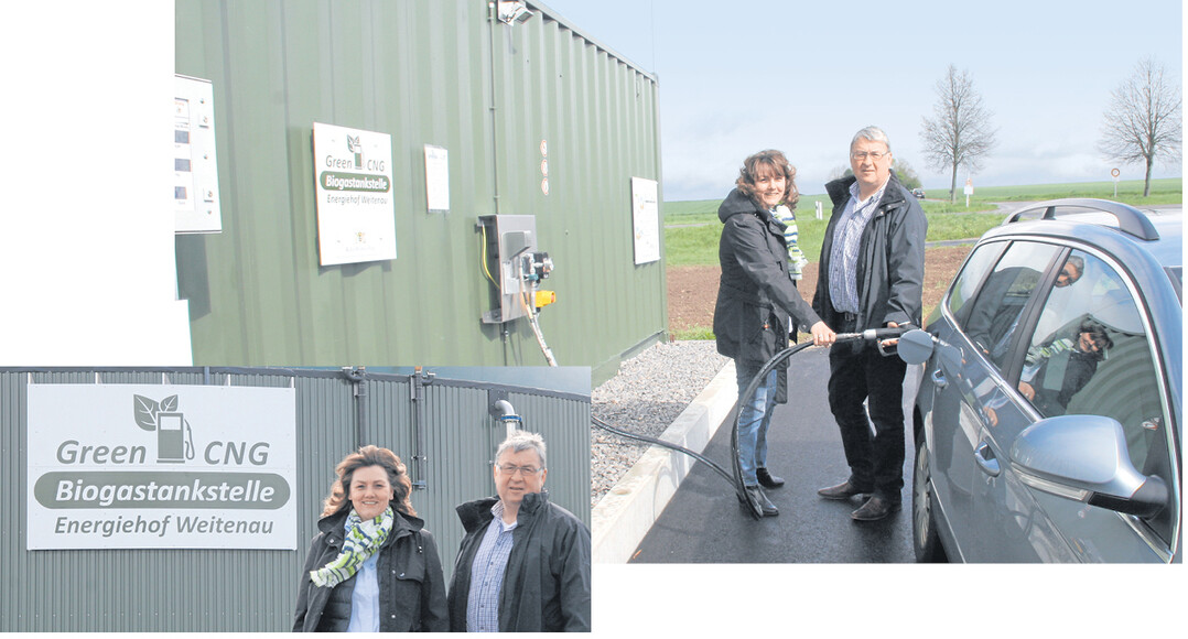 Pilotprojekt Biomethan-Tankstelle: Die Gasaufbereitung arbeitet kontinuierlich, pro Tag k�nnen Winfried und Juliane Vees etwa 120 Kilo Gas erzeugen � das entspricht dem Energiegehalt von 180 Liter Benzin.
