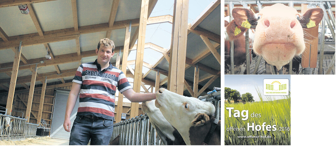 Christoph Glaser (l.) in seinem neuen Milchviehstall mit Platz f�r 57 K�he. Seit Oktober 2015 haben 45 Rinder dort ein neues Zuhause. Fotos: Amstutz (2), DBV (1)