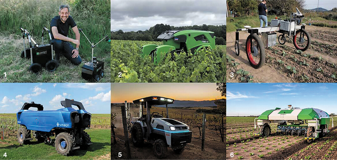 Der kleine Spritzroboter von Ambit. Der Trektor" f�hrt alternativ mit Batterie oder Diesel. Der mit Lichtstrahl arbeitende Unkrautvernichter Claws. Der f�r den Weinbau entwickelte blaue VitiBot. Der selbstlernende Monarch Tractor. Der noch sicherer gewordene Dino.