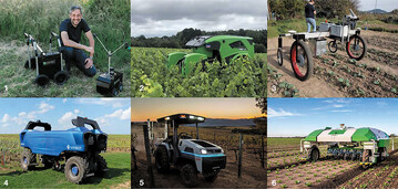 Der kleine Spritzroboter von Ambit. Der Trektor" f�hrt alternativ mit Batterie oder Diesel. Der mit Lichtstrahl arbeitende Unkrautvernichter Claws. Der f�r den Weinbau entwickelte blaue VitiBot. Der selbstlernende Monarch Tractor. Der noch sicherer gewordene Dino.