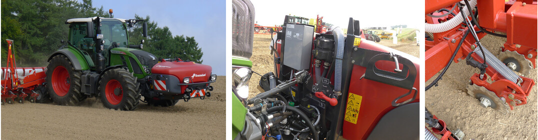 Mit dem neuen iXtra LiFe Fronttanks (1100 l) für die Optima Einzelkornsämaschine ist die ISOBUS-gesteuerte Einzelkornsaat mit gleichzeitiger Flüssigdüngerausbringung möglich. Dabei wird die Düngerzufuhr über Magnetventile für jedes Säschar mit der Saatgutablage mittels IsoMatch GeoControl automatisch synchronisiert (rechts). So werden Überlappungen von Dünger und Saatgut im Vorgewende oder auf bereits gesäten Flächen vermieden.