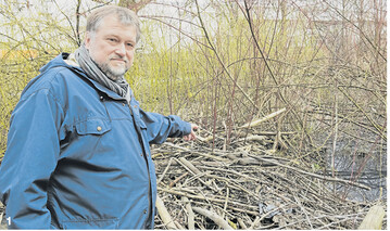 Franz Spannenkrebs vor dem Biberdamm am Schwarzenbach im Biberacher Stadtgebiet.