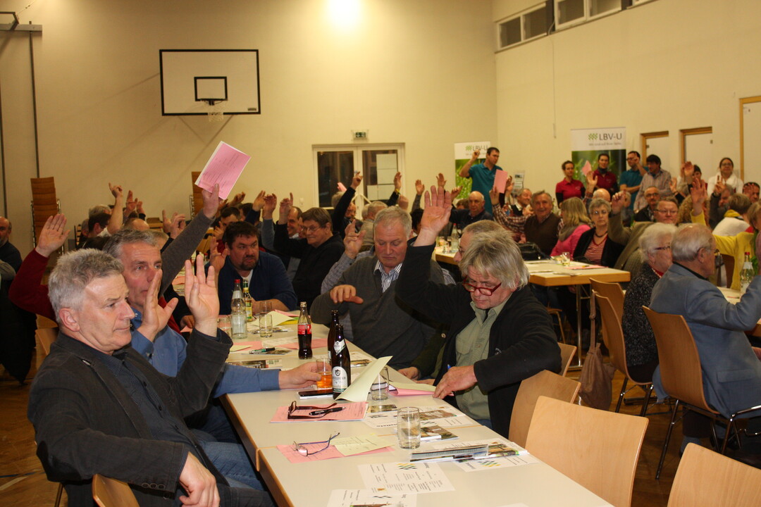 Die Mitglieder des Bauernverbandes Neckar-Odenwald-Kreis stimmen bei der Wahl der stellvertretenden Vorsitzenden und der weiteren Vorstandsmitglieder offen per Handzeichen ab.