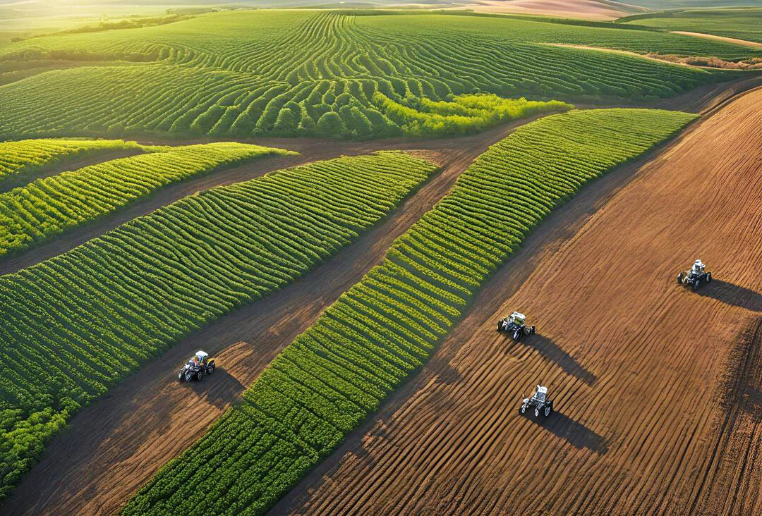 Mit K�nstlicher Intelligenz (KI) erzeugtes Bild von autonomen Feldrobotern auf bestellten Feldern. 