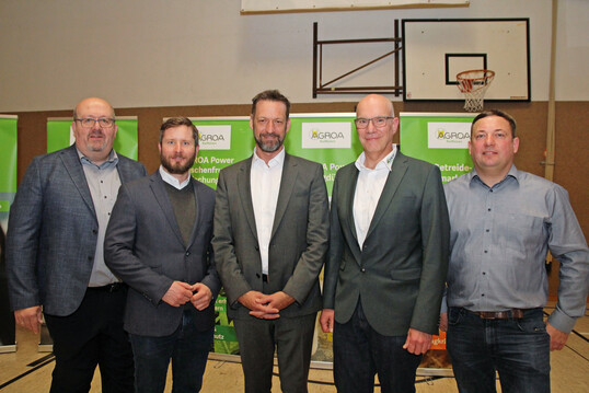 Veranstalter mit Gast (v. l.): Dieter Schleihauf, Florian G�nsbauer, Medien-Meteorologe Kai Zorn, Agroa-Vorstandssprecher Stephan Buchholz und Markus Rupp.