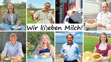Die Collage aus Fotos der beteiligten Bundesl�nder zeigt begeisterte Milchfans mit ihren regionalen Milchspezialit�ten.