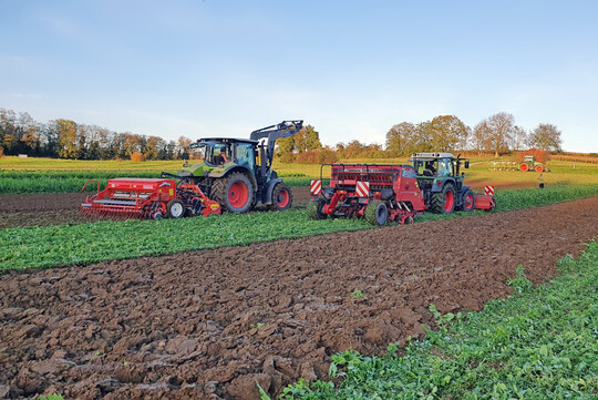 Rechts im Bild ist die Direktsaat von Winterweizen in eine gewalzte Zwischenfrucht zu sehen, links die Aussaat auf herk�mmliche Weise. 