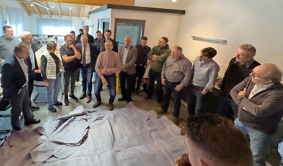 Marcus Rock (Mitte) von der Kirchberger Fritz Rock GmbH verdeutlicht den Teilnehmern, wie sich einzelne Faktoren auf die Qualität der Häute auswirken.