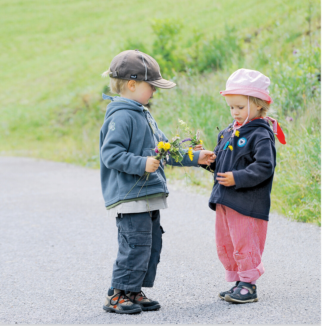 Malte und Josefine haben Wiesenblumen gepfl�ckt. Und da Josefine noch ein gelbes Bl�mchen im Strau� fehlt, bekommt sie eines von ihrem Bruder �berreicht.
