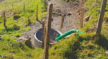 Mitgedacht: Die kurze Ausleitung aus dem Graben und die direkte Rückführung des Überlaufs schützen das Biotop, um die Tränkestelle ist es trocken, das Wasser steht zwei Koppeln zur Verfügung.