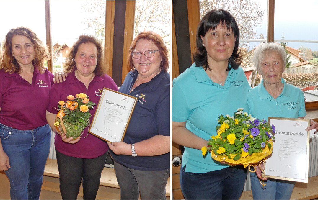 Links: Waltraud Lauber (Mitte) wurde f�r 35 Jahre Treue und 25 Jahre Wirken im Vorstand zur Ehrenvorsitzenden ernannt. Mit ihr freuten sich Susanne Baier (r.) und Saadat Yildiz. Rechts: F�r Heike Coglio (r.) wurde der Landfrauentag zu einer gro�en �berraschung, als Ann-Isabell Flum sie f�r ihr 47-j�hriges Engagement ehrte. 