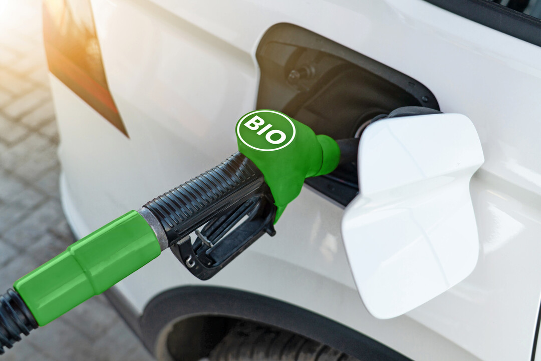 Ein Auto wird mit Biokraftstoff betankt. 