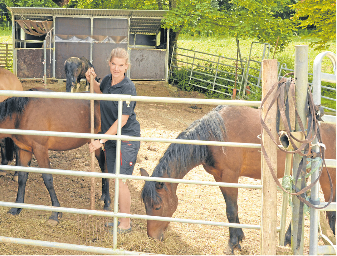 Tipsy Peucker mit vier ihrer insgesamt sieben Therapiepferde. F�nf arbeiten st�ndig mit, zwei werden derzeit noch eingearbeitet. Ihre Pferde m�ssen den Menschen gegen�ber offen sein und in den Therapiestunden auch mitdenken.