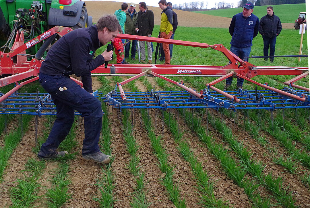 Striegel Hatzenbichler �Originalstriegel�: Das Ger�t ist in zw�lf Metern Arbeitsbreite auf dem Betrieb der Familie Weber im Einsatz und ist aus beweglich aufgeh�ngten Striegelfeldern zusammengesetzt. Die Zinkenst�rke reicht beim �Originalstriegel� von sechs bis acht Millimeter, das Modell ist hydraulisch klappbar und wird bis 15 Meter Arbeitsbreite verkauft. Der Striegel wird von zwei R�dern gef�hrt.