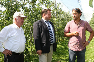 Auf dem Betrieb von Johannes Bentele (r.) in Tettnang-Wellmutsweiler informierte sich der SPD-Bundestagsabgeordnete Martin Gerster �ber den Einsatz von Saisonarbeitskr�ften im Obstbau. �ber die Folgen des Mindestlohns kl�rte Helmut J�ger (l.) als Vorsitzender der Obstregion Bodensee auf.