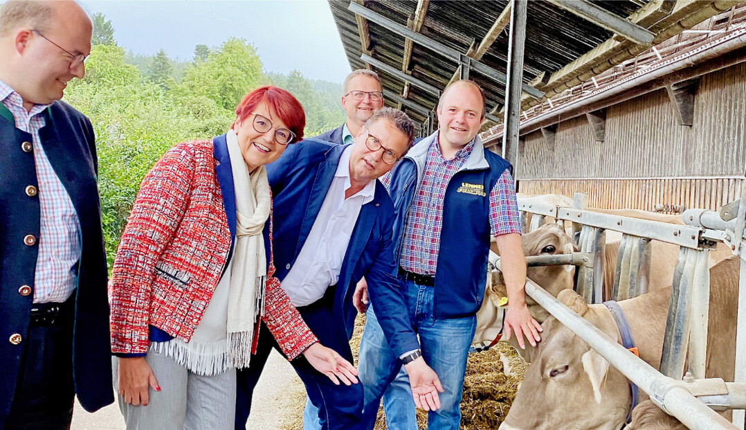 Braunviehk�he sind im Schw�bischen Wald etwas besonders. Beim Hofrundgang mit Harald Wurster (r.) von links B�rgermeister Armin M��ner, Dr. Inge Gr�ssle, Peter Hauk und J�rgen Maurer.