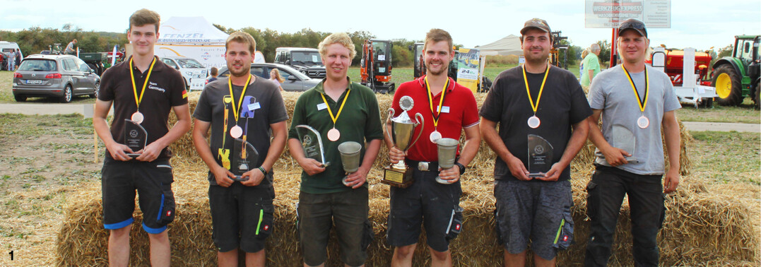 Die Landessieger im Leistungspfl�gen 2021, von links: Drehpfl�ger Lukas J�kle (Platz 3), Michael Dorner (Platz 2) und Stefan Oechsle (Landessieger) sowie Beetpfl�ger Niklas Gr�schel (Platz 1), Nico R�der (Platz 2), Max Wegerle (Platz 3).