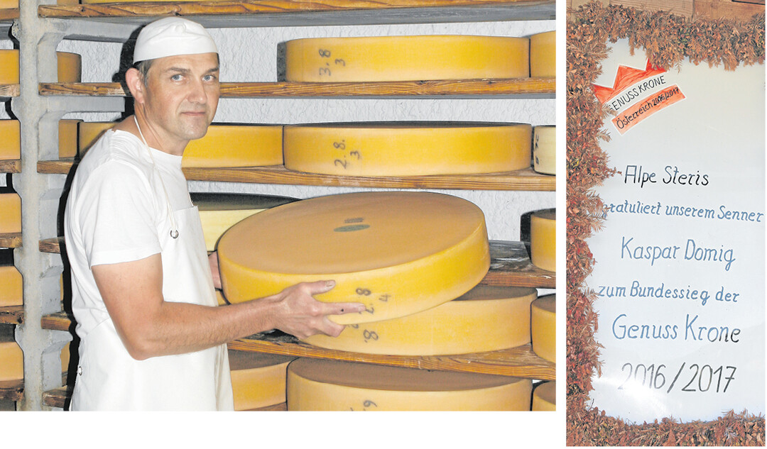 Nicht nur Senner Kaspar Domig (links, im Reifekeller) ist stolz auf die zahlreichen Auszeichnungen f�r den �Vorarlberger Alpk�se", sondern mit ihm die ganze Alpe Steris (rechts).