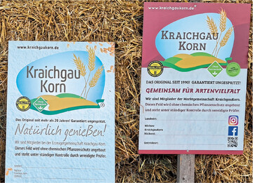 Alle Fl�chen, auf denen Getreide f�r KraichgauKorn w�chst, sind beschildert. Auf den neuesten Schildern wird das Thema Artenvielfalt nach vorne gestellt.