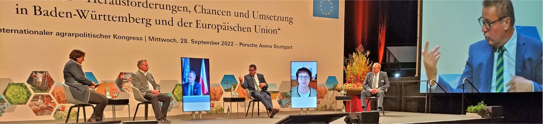 Disskussionsrunde unter der Leitung von MLR-Pressesprecherin Isabel Kling (links) mit v.l. Norbert Lins, MdEP; per Video zugeschaltet der tschechische Landwirtschaftsminister und Vorsitzende im EU-Agrarrat, Zdenek Nekula; Peter Hauk, Agrarminister Baden-W�rttemberg; aus Frankreich zugeschaltet Christiane Lambert, EU-Bauernpr�sidentin (Copa) und Joachim Rukwied, DBV-Pr�sident.