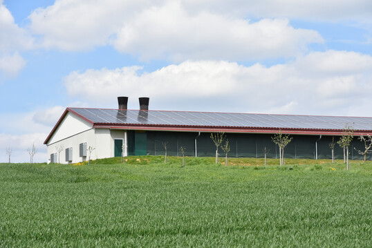 Geflügelstall mit Solaranlage auf dem Dach.