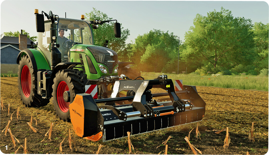 Das Spiel simuliert Arbeiten auf dem Bauernhof, die im Jahresverlauf anfallen, wie das Zerkleinern der Stoppeln.