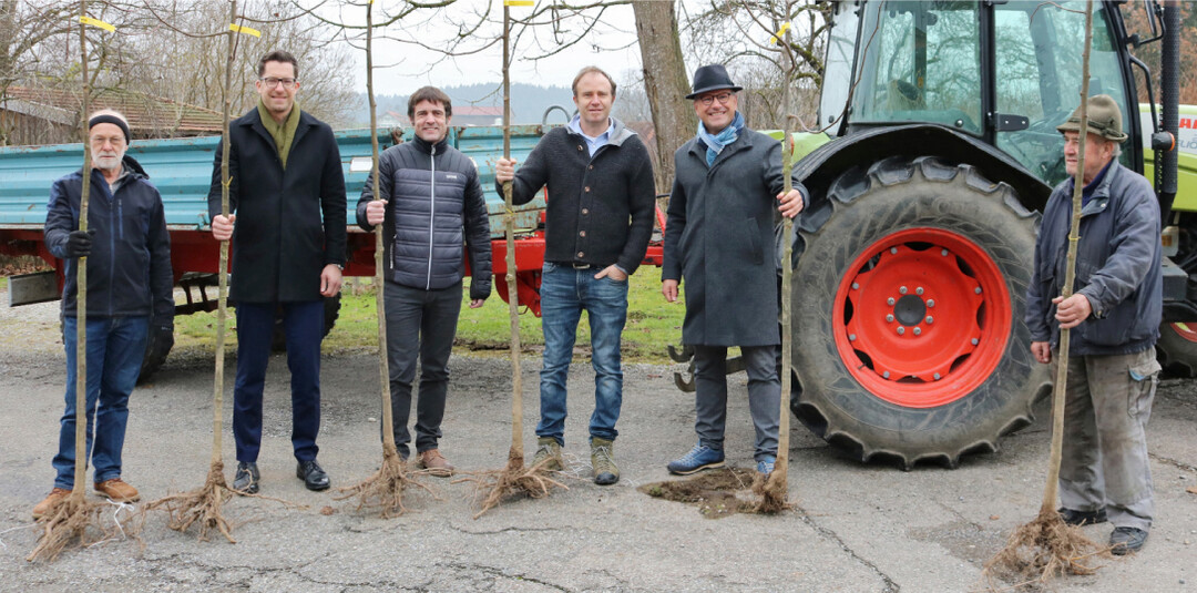Der Hof von Familie Sch�nberger in Argenb�hl-Matzen war einer von insgesamt sechs Ausgabestellen f�r die neuen Hofb�ume: (v.l.) Kurt Reck, Ortsobmann Bauernverband Ratzenried, Wolfgang Oligm�ller, VBAO, B�rgermeister Roland Sauter, AG Heimatpflege, Franz Sch�nberger, Vorsitzender Bauernverband Allg�u-Oberschwaben, B�rgermeister Dieter Krattenmacher, AG Heimatpflege sowie Landwirt Martin Dentler, Enkenhofen.