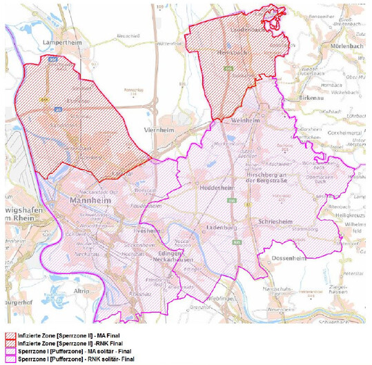 Gebietskulisse der infizierten Zone sowie der Sperrzone in Baden-W�rttemberg am 29. Juli 2024. 