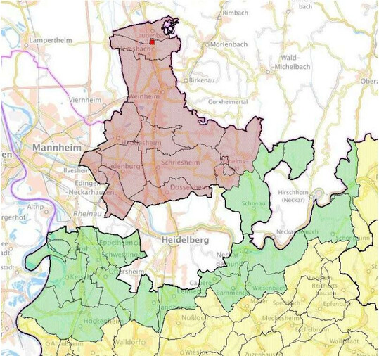 Rhein-Neckar-Kreis: Die infizierte Zone ist in dem als Anlage beigef�gten Kartenausschnitt als rote Fl�che dargestellt. Die Pufferzone ist als gr�ne Fl�che dargestellt