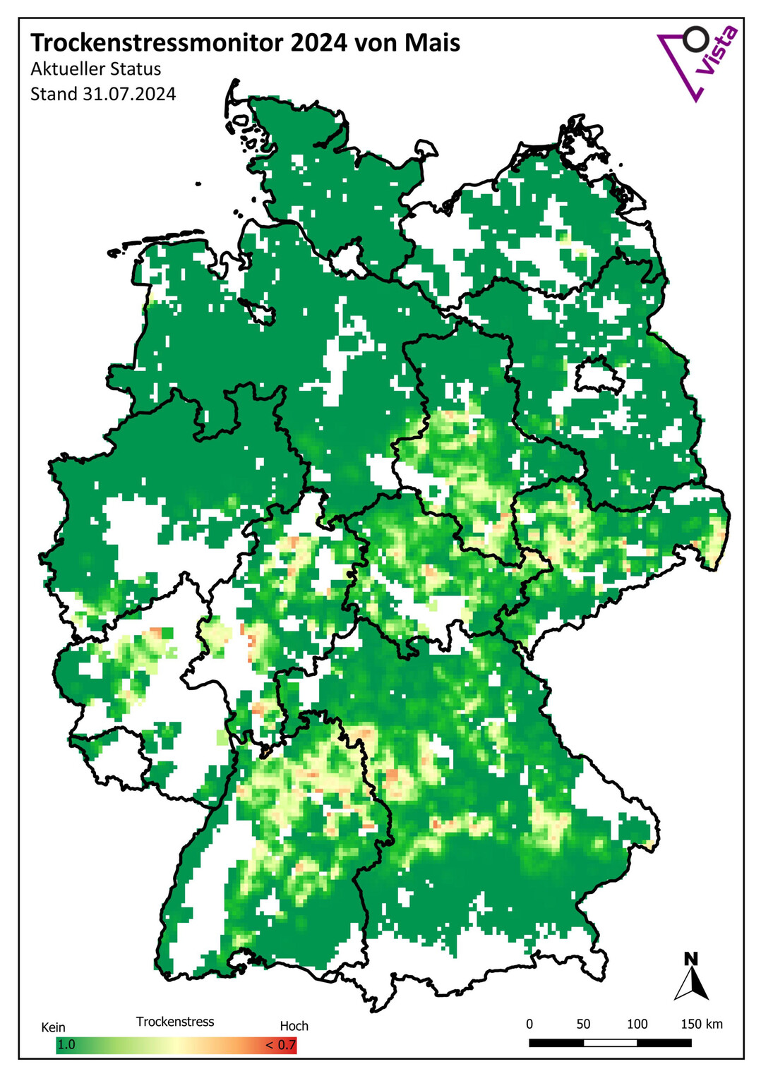 Trockenstresskarte für Mais vom 31. Juli: Es ist viel mehr Grün erkennbar als drei Wochen später.