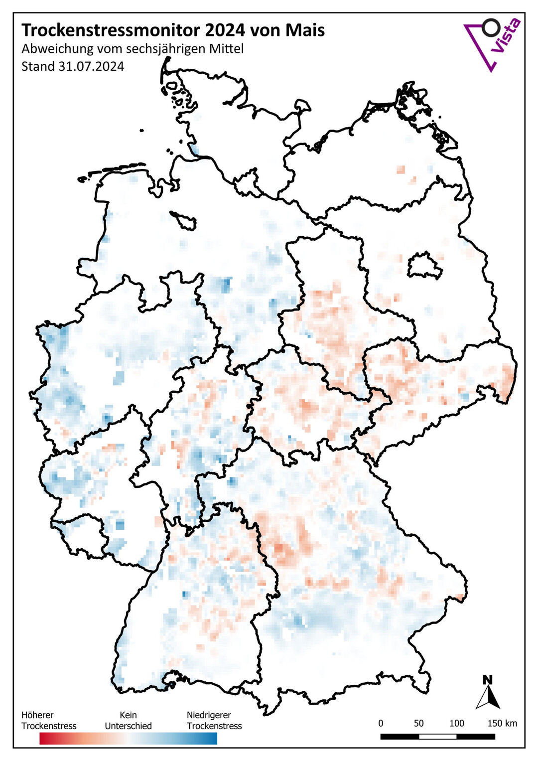 Trockenstress bei Mais: Abweichung vom sechsjährigen Mittel, Stand 31. Juli.