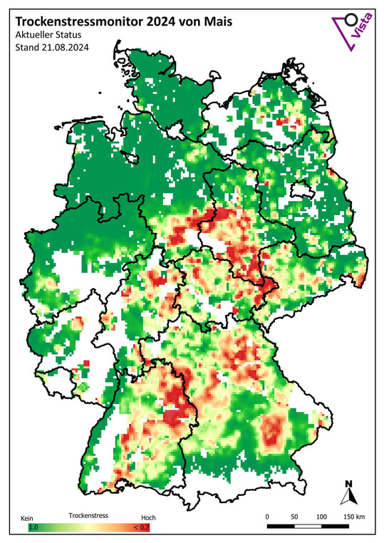 Trockenstresskarte für Mais vom 21. August. Im Vergleich zum 31. Juli hat sich der Trockenstress auch in Baden-Württemberg bis zu diesem Zeitpunkt erhöht.