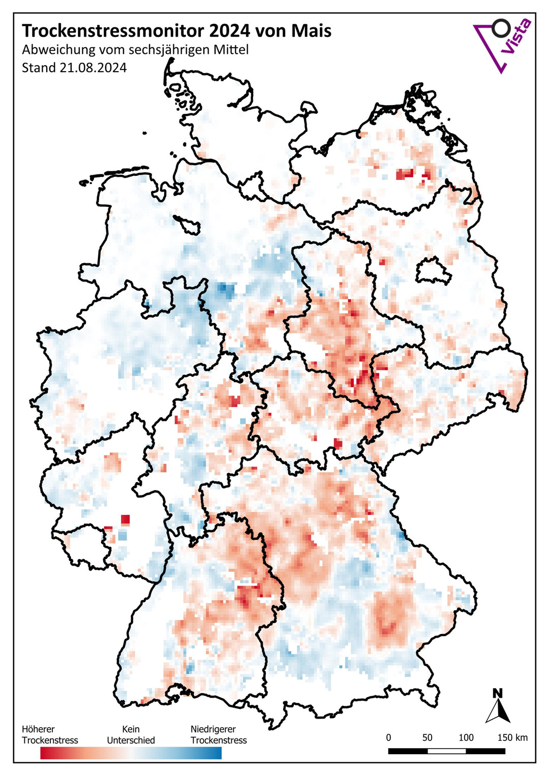 Trockenstress bei Mais: Abweichung vom sechsjährigen Mittel, Stand 21. August