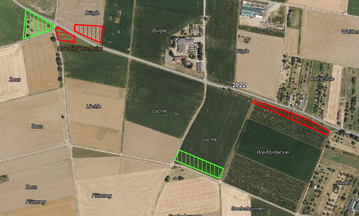 Die Kartenebenen sind automatisch eingeblendet. Eine gr�ne Schraffierung bedeutet, dass die Antragsangaben best�tigt werden konnten. Bei rot schraffierten Fl�chen konnten die Antragsangaben nicht best�tigt werden. 